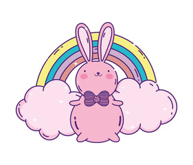 cute rabbit with bow tie and rainbow clouds