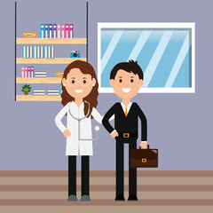doctor woman with stethoscope and businessman with briefcase room shelf books window
