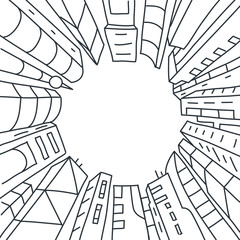Obraz premium Apartment buildings circle frame. Rental of real estate sketch. House for Rent. Hand drawn black line. Flat vector illustration. Place for text. Copy space.