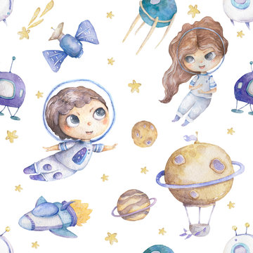 Cute boy and girl astronaut with rocket and planets background seamless pattern watercolor colorful cosmic kid cartoon illustration with stars and air balloon