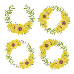 Watercolor hand painted sunflower circle wreath illustration