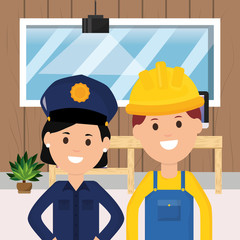 police woman and worker office desk potted plant window