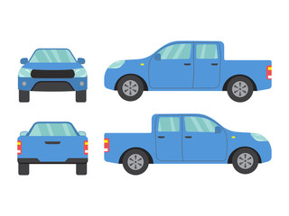 Set of blue pickup truck car view on white background,illustration vector,Side, front, back