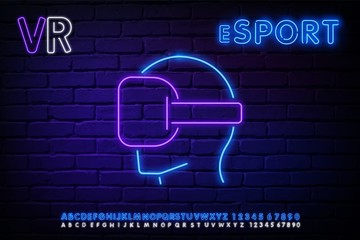 Man wearing virtual reality goggles. Man controls the 3D object by means his hands. eSport neon light icon. Neon high-tech illustration on a black background.