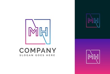 Purple blue gradient square initial letter MH line logo design vector graphic