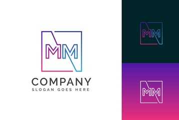 Purple blue gradient square initial letter MM line logo design vector graphic