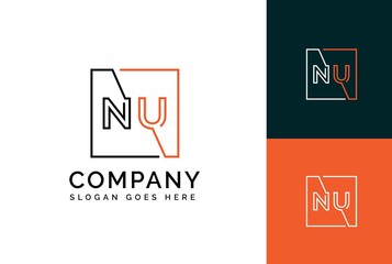 Orange black square initial letter NU line logo design vector graphic