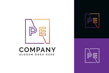 Purple orange gradient square initial letter PE line logo design vector graphic