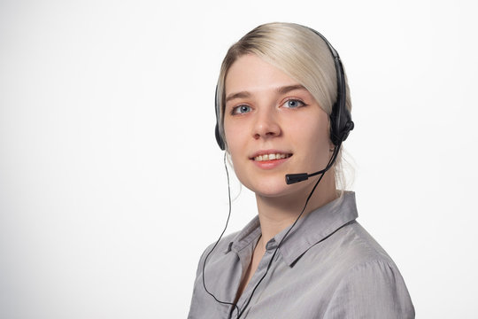 Portrait Of An Employee Call Center On White Background. Support Operator.