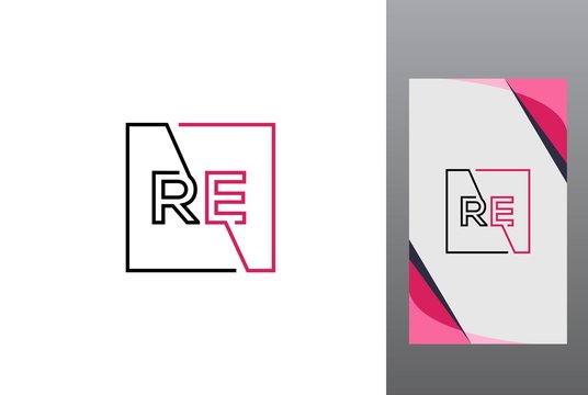 Pink black square initial letter RE line logo design vector graphic