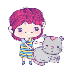 cute little boy cartoon and gray cat