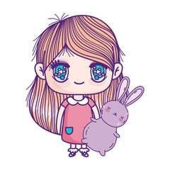 kids, cute little girl anime cartoon holding bunny
