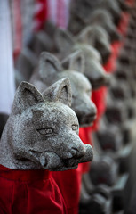 Ancient Japanese kitsune statue guardian, fox guard statue old shinto shrine in Tokyo, Inari Shrine