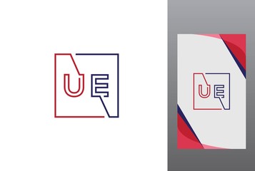 Red blue square initial letter UE line logo design vector graphic