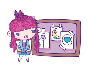 cute little girl cartoon and board with drawings on paper