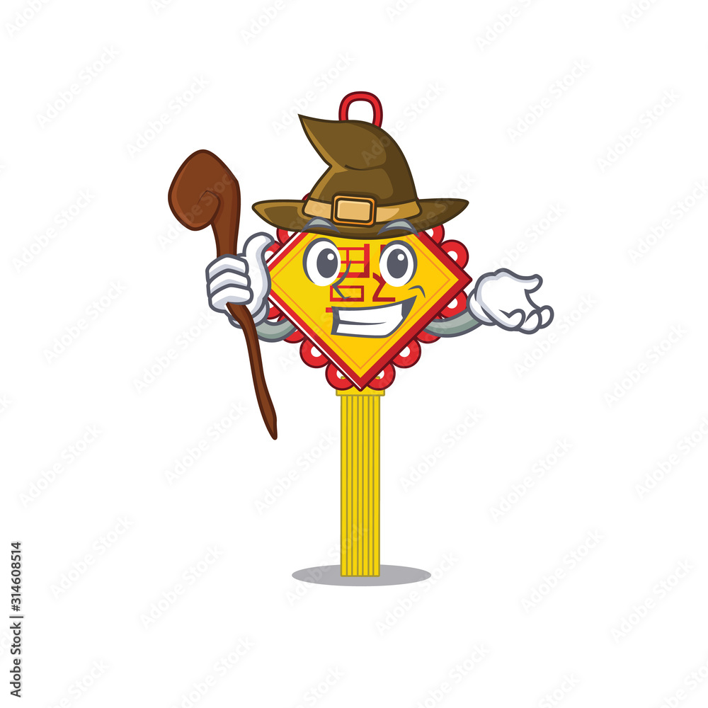 Sticker cartoon mascot style of chinese knot dressed as a witch