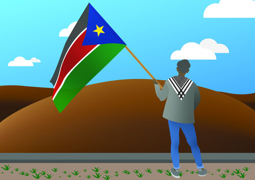 Illustration Of A Young Man Holding A South Sudan Flag