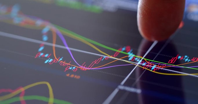 Finger touch on screen with stock market data