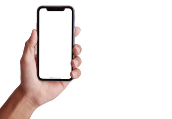 hand holding smartphone isolated on white background. white screen - Clipping Path