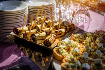 Cold appetizers at banquet, restaurant service, catering. Variety of delicious starters on wooden skewers and salads in small tartlets.