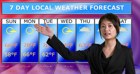  Asian American meteorologist reporting weather - obrazy, fototapety, plakaty