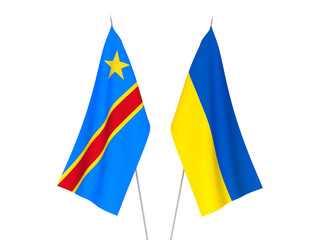 National fabric flags of Ukraine and Democratic Republic of the Congo isolated on white background. 3d rendering illustration.