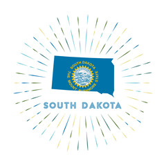 South Dakota sunburst badge. The US state sign with a map of South Dakota and the state flag. Colorful rays around the logo. Vector illustration.