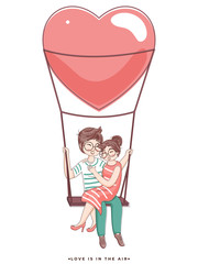 Cartoon Loving Couple Sitting on Heart Swing of Love is in the air concept.