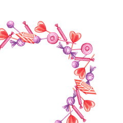 Composition of sweets drawn by colored pencils on white background. A set of elements.