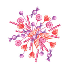 Composition of sweets drawn by colored pencils on white background. A set of elements.