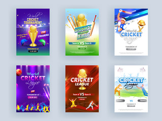 World Cricket League Template or Flyer Set with Cricketer Characters and Golden Trophy on Abstract Background.