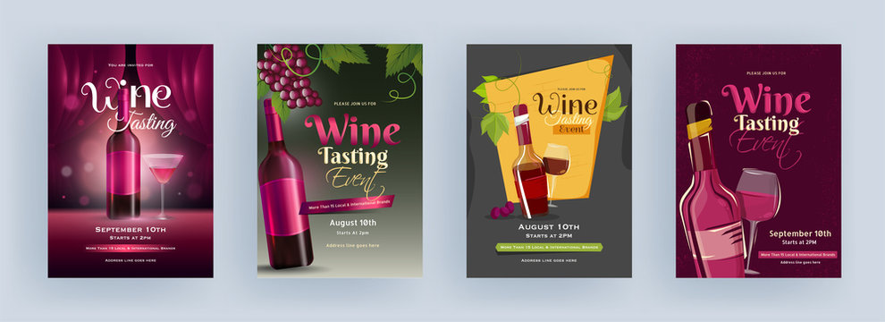 Wine Tasting Event Template or Flyer Design with Drink Bottle and Cocktail Glass in Four Color Option.