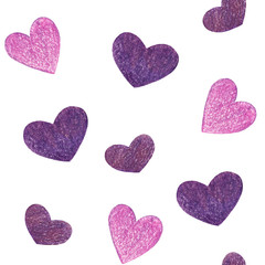 Seamless pattern with Attributes Valentine's Day isolated on a white background. Drawing with colored pencils. 