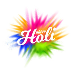 White Happy Holi Font on Blurred Color Splash Background.