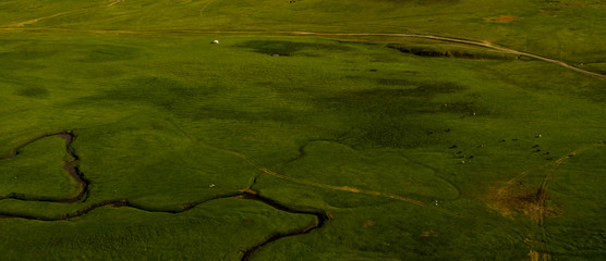 Aerial view of the Mongolian countryside, not far from Ulaanbaatar, the capital of Mongolia, circa...