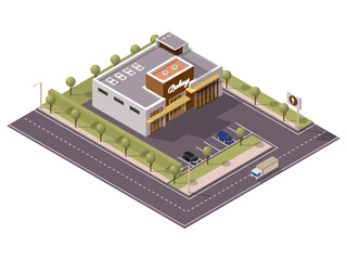 Isometric Bakery Shop with Car Parking Along Transport Street Background.