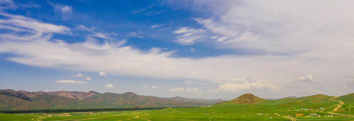 Aerial view of the Mongolian countryside, not far from Ulaanbaatar, the capital of Mongolia, circa...