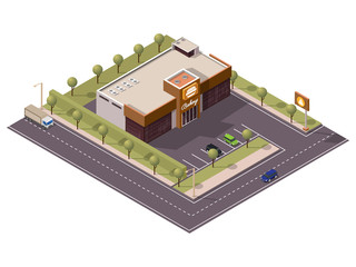 Isometric Bakery Burger Shop with Cake Signboard and Car Parking Along Transport Street Background.