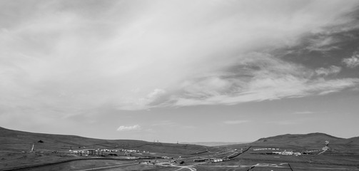 Aerial view of the Mongolian countryside, not far from Ulaanbaatar, the capital of Mongolia, circa...