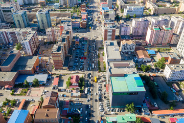 Aerial view of Ulaanbaatar, the capital of Mongolia, circa June 2019