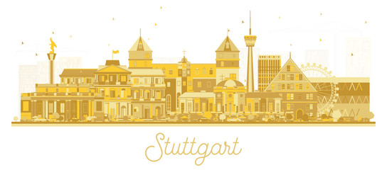Stuttgart Germany City Skyline Silhouette with Golden Buildings Isolated on White. Vector Illustration. Business Travel and Tourism Concept with Historic Architecture. Stuttgart Cityscape with Landmar