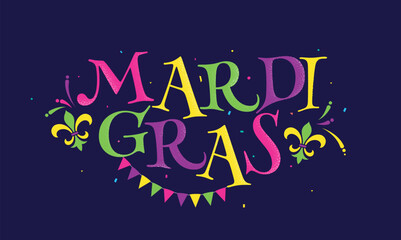 Colorful Mradi Gras Text with Fleur-De-Lis Symbol, Confetti and Bunting Flag Decorated on Purple Background.