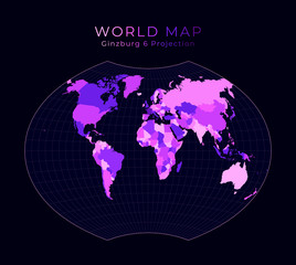 World Map. Ginzburg VI projection. Digital world illustration. Bright pink neon colors on dark background. Powerful vector illustration.