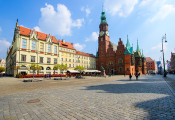 Wroclaw Town Hall on the market square (Rynek), and its brick clocktower, Poland