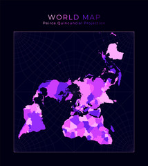 World Map. Peirce quincuncial projection. Digital world illustration. Bright pink neon colors on dark background. Neat vector illustration.