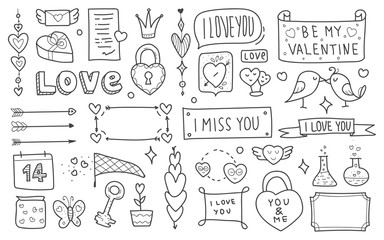 Valentine's day hand drawing doodle big set. Vector silhouettes elements on a white background. Use for wallpaper, textiles, packaging or greeting cards.