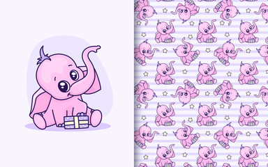 Pink cute cartoon elephant with a gift sitting. Vector illustration and seamless childish pattern. Use for wallpaper, textiles, packaging or greeting cards.