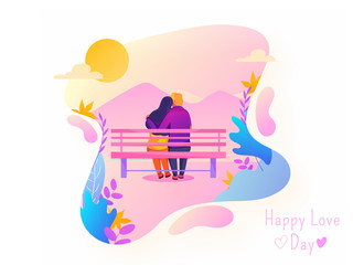 Romantic Abstract Sunny Landscape Background with Back View of Couple Hugging Sit on Bench for Happy Love Day.