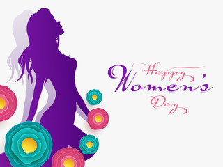 Silhouette Stylish Young Girl with Colorful Paper Cut Flowers for Happy Women's Day.