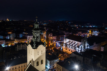  View on Latin Cathedral in Lviv, Ukraine  at night from drone